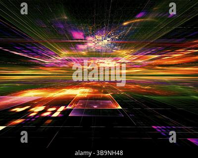 Sfondo con tecnologia astratta brillante - immagine generata dal computer. Geometria frattale: Superficie colorata, orizzonte e linee luminose al neon caotico come il flash Foto Stock