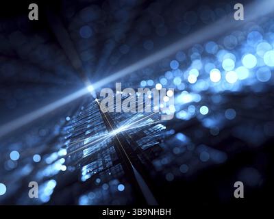 Prospettiva sfocata sullo sfondo - calcolatore astratto-immagine generata. Geometria Frattale: tech superficie e cerchio bokeh di fondo. Tecnologia, sci-fi o virtual rea Foto Stock