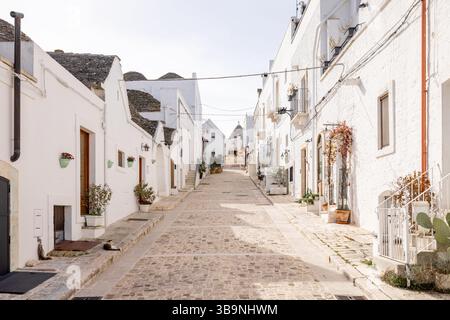 Una tranquilla e stretta strada ad Alberobello, in Italia, fiancheggiata da tradizionali case a trulli con tetti conici in pietra, pareti bianche e vegetazione in vaso. Un fascino intramontabile del sud Foto Stock