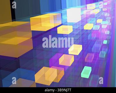 Sfondo astratto - cubi colorati volanti. Illustrazione 3d generata dal computer. Concetto di informazione e comunicazione. Per Web design, banner, desktop Foto Stock