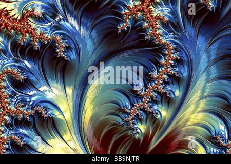 Sfondo frattale ondulato - immagine astratta generata digitalmente. Onde e ricci lucidi. Sfondo per cartoline, poster, copertine Foto Stock