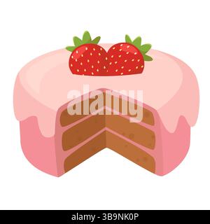 Torta a strati di cartoni animati con glassa rosa e fragole sulla parte superiore Illustrazione Vettoriale