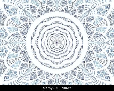Sfondo esoterico bianco e blu astratto - mandala o fiore. Frattale - immagine generata dal computer. Arte digitale: Cerchi concentrici e animali domestici intricati Foto Stock