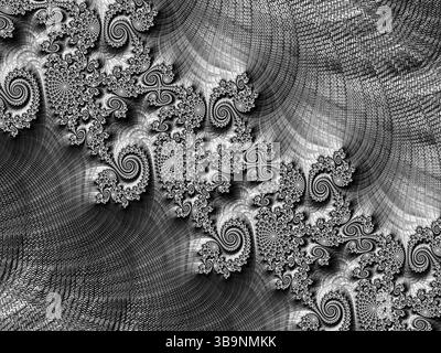 Fondo frattale astratto: Consistenza di filati intrecciati e incrocio diagonale di curve e spirali. Immagine generata dal computer Foto Stock