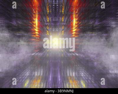 Sfondo oscuro astratto con nebbia e raggi di luce. Illustrazione 3d generata dal computer - frattale. Effetto prospettiva e movimento sfocato Foto Stock