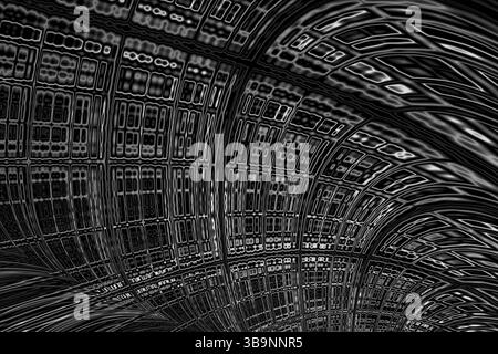 Background della tecnologia astratta - immagine generata dal computer. Geometria frattale: Superficie curva distorta con celle di dimensioni diverse come una parete di A. Foto Stock