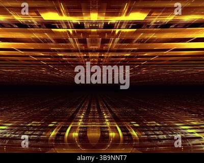 Sfondo dorato con effetto prospettiva e spazio di copia - illustrazione 3d astratta. Immagine generata dal computer - frattale. Sala futuristica o portale. Per Foto Stock