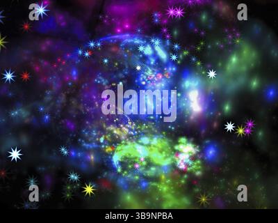 Sfondo luminoso a tema spaziale sfocato. Immagine astratta generata dal computer - frattale. Arte digitale: Ricci e stelle. Sfocatura natalizia per sfondi e striscioni Foto Stock