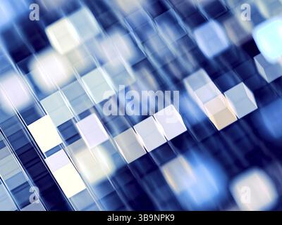 Cubi volanti sfocati - sfondo tecnologico astratto. Geometria frattale: Caos quadrato lucido - immagine generata dal computer. Per copertine, poster, Web desi Foto Stock