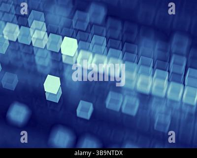 Background tecnico astratto - immagine generata dal computer. Geometria frattale: Cubi sfocati, posizionati in modo casuale e in righe. Tecnologia o background aziendale Foto Stock