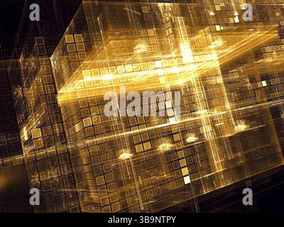 Cubi futuristici - immagine astratta generata al computer. Arte frattale: Struttura sureale di cubi come parte del palazzo d'oro. Per web design, poster, insenature Foto Stock