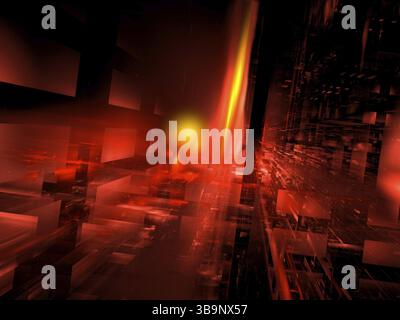Sfondo tecnico rosso con fuoco e effetto prospettico. Illustrazione 3d astratta - frattale. Fantascienza o concetto di realtà aumentata. Per coperture, po Foto Stock