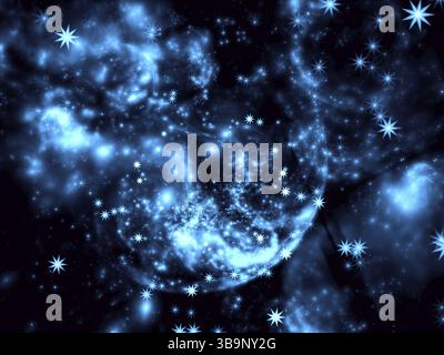 Abstract fractal sky o nebulosa - generato da calcolatore blu sfocata l'immagine. Arte digitale: caos macchie, curve e stelle. Fantascienza o tema esoterico Foto Stock