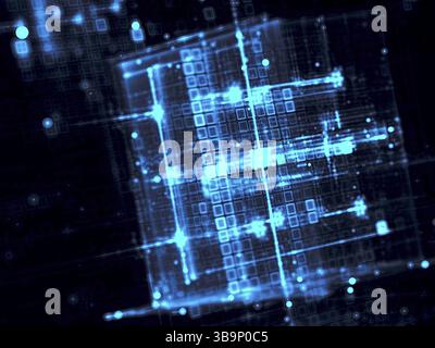 Tecnologia sfondo frattale - cubi luminosi sfocati. Immagine astratta generata dal computer. Sfondo tecnico con griglia ed effetti di luce per copertine, Web de Foto Stock