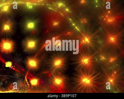Sfocato sfondo frattale festivo con macchie luminose come stelle o fiori. Immagine astratta generata dal computer per schede, copertine e sfondi Foto Stock