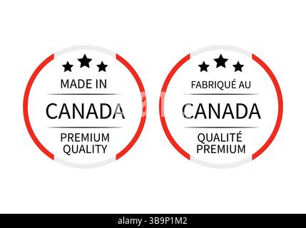 Etichette rotonde prodotte in Canada in inglese e francese. Icona del vettore del marchio di qualità. Perfetto per design di logo, etichette, badge, adesivi, emblemi, pro Illustrazione Vettoriale