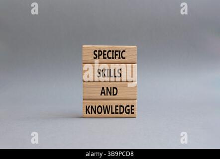Simbolo di competenze e conoscenze specifiche. Blocchi di legno con parole competenze e conoscenze specifiche. Splendido sfondo grigio. Competenze aziendali e specifiche Foto Stock