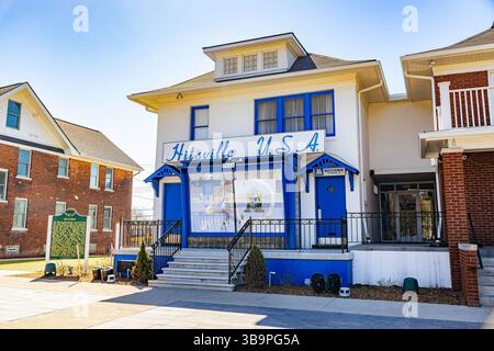 Detroit, Michigan, USA - 04-22-2025: Foto del famoso edificio blu del Motown Museum a Detroit, Michigan, con l'iconico cartello "Hitsville U.S.A.". Foto Stock