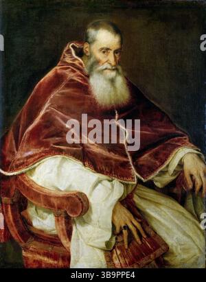 Un ritratto di Papa Paolo III dipinto da Tiziano. Papa Paolo III, nato Alessandro Farnese; 29 febbraio 1468 – 10 novembre 1549), è stato capo della Chiesa cattolica e sovrano dello Stato Pontificio dal 13 ottobre 1534 alla sua morte, nel novembre 1549. Il suo pontificato iniziò la riforma cattolica con il Concilio di Trento nel 1545. Riconobbe nuovi ordini religiosi cattolici e società come i gesuiti, i barnabiti e la Congregazione dell'Oratorio. Foto Stock