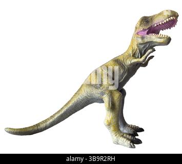 Il giocattolo in plastica tyrannosaurus rex ruggerebbe, isolato su sfondo bianco Foto Stock