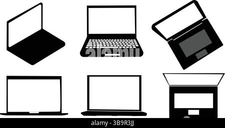 Set di icone nere delle silhouette di un notebook con diverse angolazioni e stili minimalisti Illustrazione Vettoriale