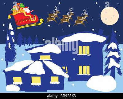 Bellissimo paesaggio invernale con slitta di Babbo Natale sulle case; Babbo Natale cavalca su una slitta nel villaggio di notte. Illustrazione Vettoriale