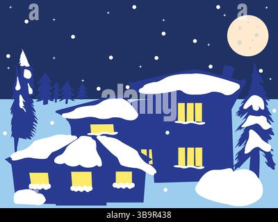 Paesaggio notturno invernale con due case e alberi; paesaggio notturno invernale con casa coperta di neve e abeti. Illustrazione vettoriale. Illustrazione Vettoriale