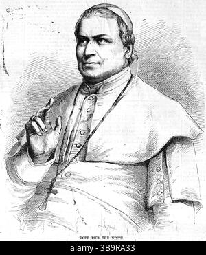 Papa Pio IX, nato Giovanni Maria Battista Pietro Pellegrino Isidoro Mastai-Ferretti (13 maggio 1792 – 7 febbraio 1878), fu capo della Chiesa cattolica dal 1846 al 1878. Il suo regno di quasi 32 anni è il più lungo mai verificato di qualsiasi papa nella storia. Fu noto per aver convocato il Concilio Vaticano i nel 1868 e per aver definitivamente perso il controllo dello Stato Pontificio nel 1870 a favore del Regno d'Italia. In seguito, si rifiutò di lasciare la città del Vaticano, dichiarandosi "prigioniero in Vaticano". Ritratto visto su Harper's Weekly nel 1867 Foto Stock