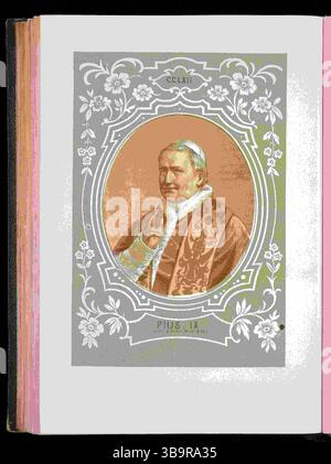 Papa Pio IX, nato Giovanni Maria Battista Pietro Pellegrino Isidoro Mastai-Ferretti (13 maggio 1792 – 7 febbraio 1878), fu capo della Chiesa cattolica dal 1846 al 1878. Il suo regno di quasi 32 anni è il più lungo mai verificato di qualsiasi papa nella storia. Fu noto per aver convocato il Concilio Vaticano i nel 1868 e per aver definitivamente perso il controllo dello Stato Pontificio nel 1870 a favore del Regno d'Italia. In seguito, si rifiutò di lasciare la città del Vaticano, dichiarandosi "prigioniero in Vaticano". Foto Stock