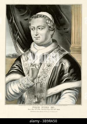 Papa Pio IX, nato Giovanni Maria Battista Pietro Pellegrino Isidoro Mastai-Ferretti (13 maggio 1792 – 7 febbraio 1878), fu capo della Chiesa cattolica dal 1846 al 1878. Il suo regno di quasi 32 anni è il più lungo mai verificato di qualsiasi papa nella storia. Fu noto per aver convocato il Concilio Vaticano i nel 1868 e per aver definitivamente perso il controllo dello Stato Pontificio nel 1870 a favore del Regno d'Italia. In seguito, si rifiutò di lasciare la città del Vaticano, dichiarandosi "prigioniero in Vaticano". Foto Stock