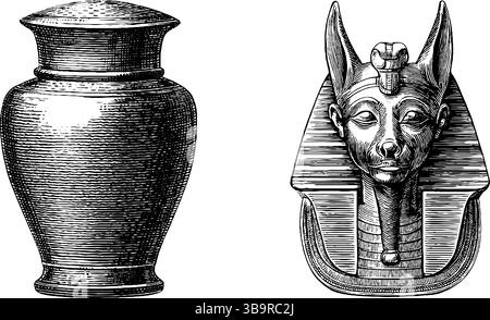 Illustrazione incisa di vaso canopico e figura a testa di sciacallo per un design storico. Illustrazione Vettoriale