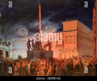 Manifestazione politica a Roma e discorso di Papa Pio IX dal balcone del Palazzo Papale. Papa Pio IX, nato Giovanni Maria Battista Pietro Pellegrino Isidoro Mastai-Ferretti (13 maggio 1792 – 7 febbraio 1878), fu capo della Chiesa cattolica dal 1846 al 1878. Il suo regno di quasi 32 anni è il più lungo mai verificato di qualsiasi papa nella storia. Fu noto per aver convocato il Concilio Vaticano i nel 1868 e per aver definitivamente perso il controllo dello Stato Pontificio nel 1870 a favore del Regno d'Italia. In seguito, si rifiutò di lasciare la città del Vaticano, dichiarandosi "prigioniero in Vaticano". Foto Stock