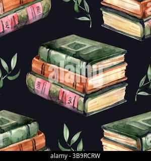 Motivo senza cuciture con vecchi libri ad acquerello. Ripetere l'ornamento isolato sullo sfondo. Aprire e impilare libri di colori marrone/verde. Vecchio d'epoca Foto Stock