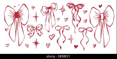 Archi rossi, stelle e cuori stravaganti. Set di oggetti isolati vettore EPS. Illustrazione disegnata a mano. Nucleo di Coquette. Contorni, silhouette. Elem Illustrazione Vettoriale
