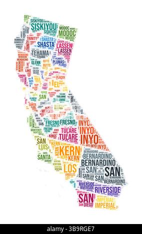 California County Word cloud. Design della forma dello stato. Illustrazione colorata della California. I nomi delle contee collage cloud. Illustrazione vettoriale. Illustrazione Vettoriale