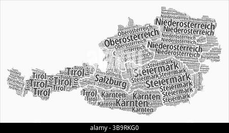 Regioni stile testo Austria. La regione del paese nomina nuvole di parole in lingua tedesca. Illustrazione del vettore di tendenza. Illustrazione Vettoriale
