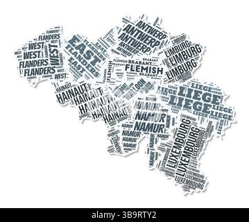 Nuvola di testo a forma di Belgio. Confine del paese con ombra su sfondo bianco. Belgio con divisione regionale in stile vintage gazette. Illustrazione Vettoriale