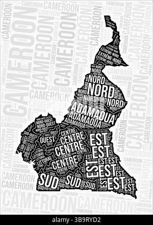 Regioni del Camerun mappa Word cloud. Nomi delle regioni del Camerun. Design della mappa in bianco e nero. Illustrazione vettoriale creativa. Illustrazione Vettoriale