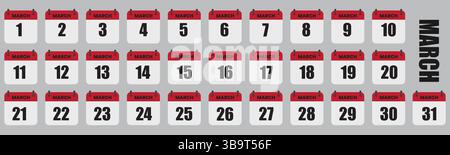 Giorni di calendario di marzo impostazione mese completo, date 1a - 31a illustrazione vettore Illustrazione Vettoriale