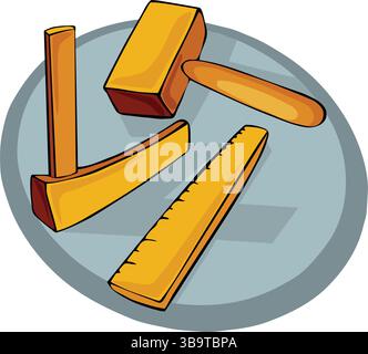 Un'illustrazione astratta del vettore mostra un martello in legno a mano e uno strumento righello in stile cartoni animati Illustrazione Vettoriale