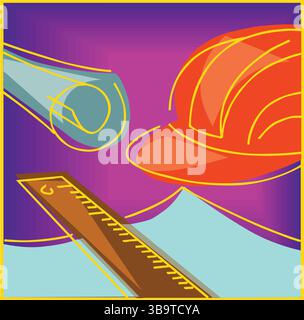 Un'illustrazione vettoriale astratta mostra un casco, un righello e un progetto in stile cartone animato Illustrazione Vettoriale