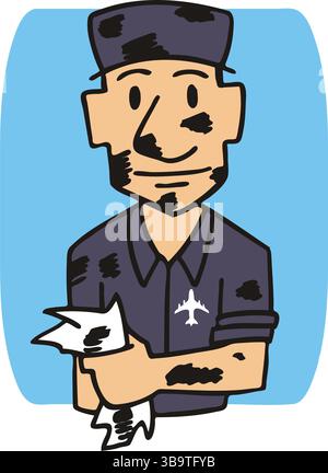 Un'illustrazione vettoriale astratta mostra un personaggio meccanico in aeroporto in stile cartoni animati Illustrazione Vettoriale