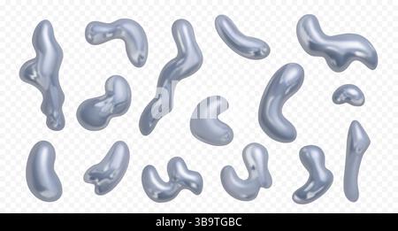 forme olografiche cromate 3d. Stile Y2K. Illustrazione vettoriale. Set di forme realistiche di liquidi metallici isolate su sfondo trasparente. Illustrazione Vettoriale