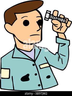 Un'illustrazione astratta del vettore mostra un meccanico che tiene il bullone a vite in stile cartoni animati Illustrazione Vettoriale