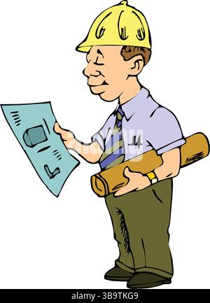 Un'illustrazione vettoriale astratta mostra i disegni di un ingegnere che studia i disegni in stile cartoon Illustrazione Vettoriale