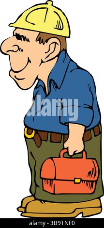 Un'illustrazione vettoriale astratta mostra un lavoratore che tiene la cassetta degli attrezzi in stile cartone animato Illustrazione Vettoriale