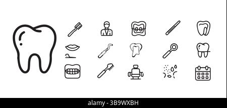 Icone dentali – 15 simboli essenziali per la salute orale e odontoiatria Illustrazione Vettoriale