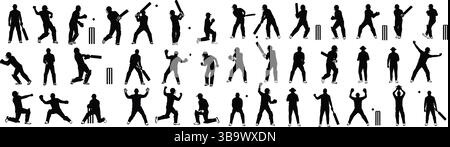 Cattura l'essenza del cricket con questo dinamico set di silhouette, che mette in mostra battute di battuta, bowling e azioni di combattimento. Perfetto per il branding sportivo. Illustrazione Vettoriale