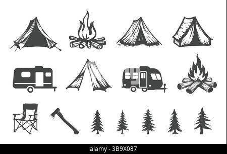 Pacchetto da campeggio svg, silhouette da campeggio, tenda da campeggio, auto, sedia, ascia svg, silhouette da campeggio, fascio vettoriale da campeggio. Illustrazione Vettoriale