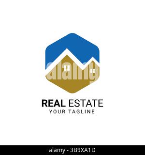 Design moderno con logo immobiliare con tetto e finestra in forma geometrica esagonale per il marchio di agenzie immobiliari o di aziende immobiliari Illustrazione Vettoriale